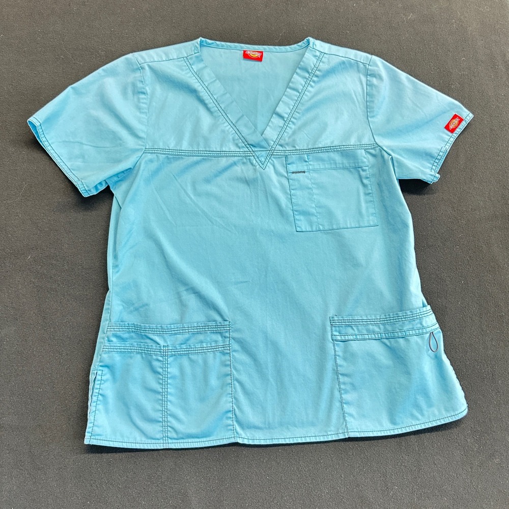 Dickies Medical Scrub Top V-Neck Short Sleeve Light Blue Multi-Pocket Women M